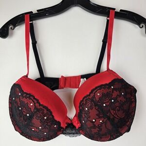 Gilligan‎ O'Malley 36C Black Red Rhinestone Lace Padded Bra Sexy Chic Lingerie